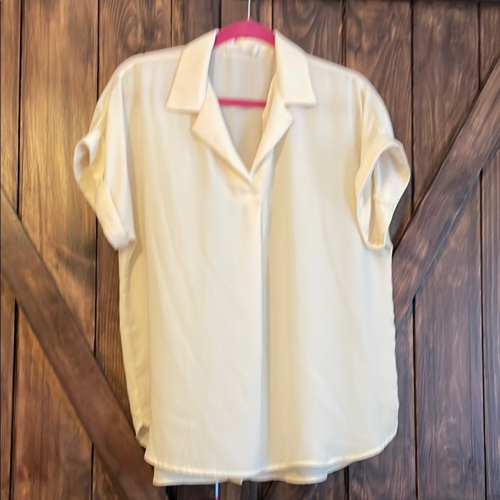 Lush Cream Blouse with Notched Collar and Cuffed Sleeves